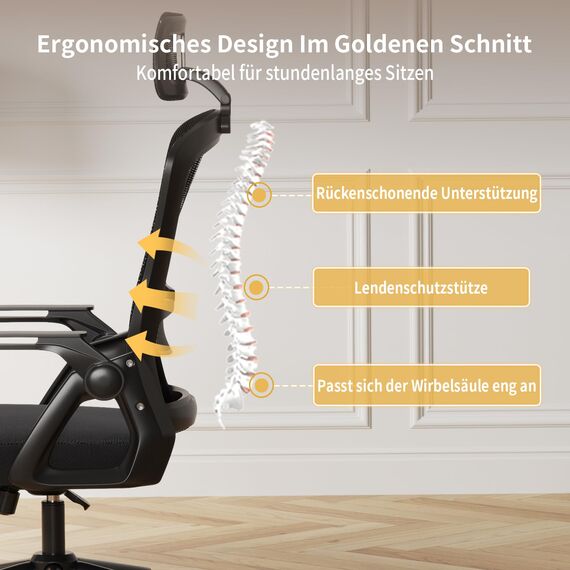 naspaluro Bürostuhl Ergonomisch mit Verstellbarer Armlehnen, Schreibtischstuhl mit Kopfstütze, Atmungsaktiver Netzbespannung, Lordosenstütze, Höhenverstellung Computerstuhl, 360° Drehstuhl, Schwarz