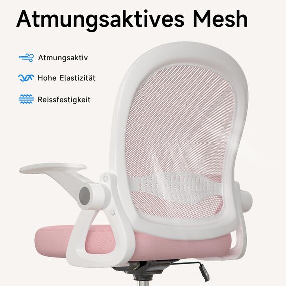 Naspaluro Bürostuhl mit Fußstützenring, Ergonomischer Schreibtischstuhl mit Atmungsaktiv Netzbespannung, Hochklappbare Armlehnen, Höhenverstellbarer, Computerstuhl, Leichter Stuhl, 360° Drehstuhl Rosa