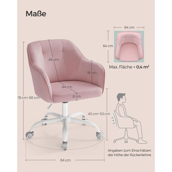 SONGMICS Homeoffice Stuhl, Drehstuhl, Schreibtischstuhl, höhenverstellbar, bis 110 kg belastbar, Samt, für Arbeitszimmer, Schlafzimmer, pastellrosa OBG019P02