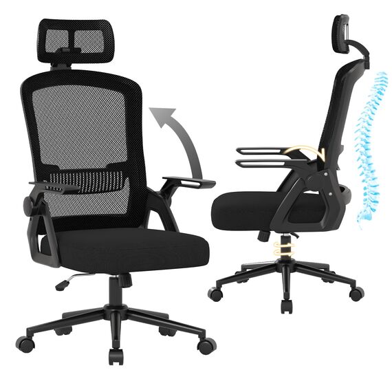 naspaluro Bürostuhl Ergonomisch mit Verstellbarer Armlehnen, Schreibtischstuhl mit Kopfstütze, Atmungsaktiver Netzbespannung, Lordosenstütze, Höhenverstellung Computerstuhl, 360° Drehstuhl, Schwarz