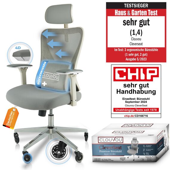 CLOUVOU CleverSeat Bürostuhl Ergonomisch [TESTSIEGER] Schreibtischstuhl 100% individuell einstellbar | Büro Stuhl & Gaming Stuhl | Computerstuhl Home Office Chair Ergonomic | Drehstuhl 150 kg