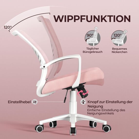 Yaheetech Bürostuhl Ergonomisch Schreibtischstuhl mit Schaukelfunktion Drehstuhl mit Gepolstertem Sitzkissen Chefsessel Höhenverstellbar fürs Arbeitszimmer/Büro, Hellrosa