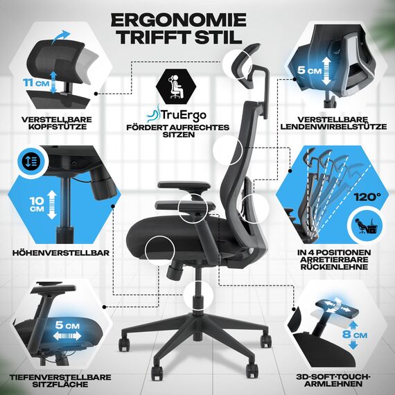 VALKENSTOL M3 Pro Bürostuhl Ergonomisch Testsieger 3D verstellbare Armlehnen, Schreibtischstuhl mit Lendenwirbelstütze Rückenschonend, Office Chair Bürostühle Verstellbare Sitztiefe gesundes Sitzen