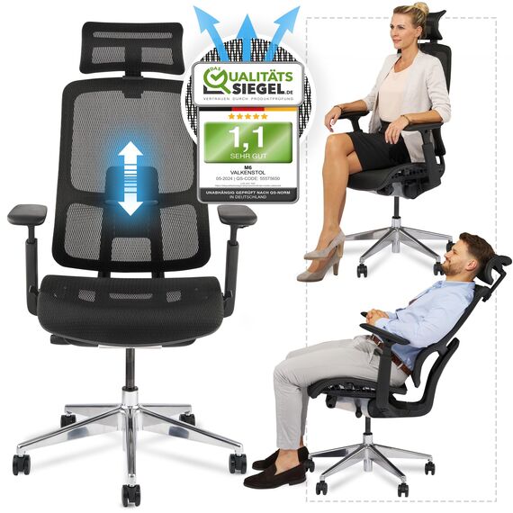 VALKENSTOL M6 Bürostuhl Ergonomisch Testsieger, auch bis 1,95m, Schreibtischstuhl mit Mesh-Sitz, Office Chair mit adaptiver Lordosenstütze und Verstellbarer Rückenlehne für Gesundes Sitzen, Chefsessel