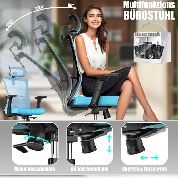 KESSER® Bürostuhl Ergonomisch mit verstellbaren Armlehnen | Drehstuhl mit Lendenwirbelstütze Rückenschonend | Schreibtischstuhl mit Kopfstütze | Office Chair Wippfunktion bis 125° mit 5X Gummirollen