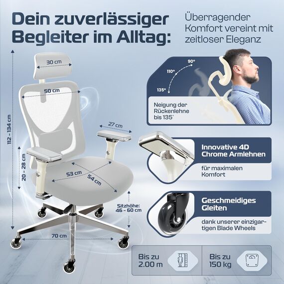 CLOUVOU CleverSeat Bürostuhl Ergonomisch [TESTSIEGER] Schreibtischstuhl 100% individuell einstellbar | Büro Stuhl & Gaming Stuhl | Computerstuhl Home Office Chair Ergonomic | Drehstuhl 150 kg