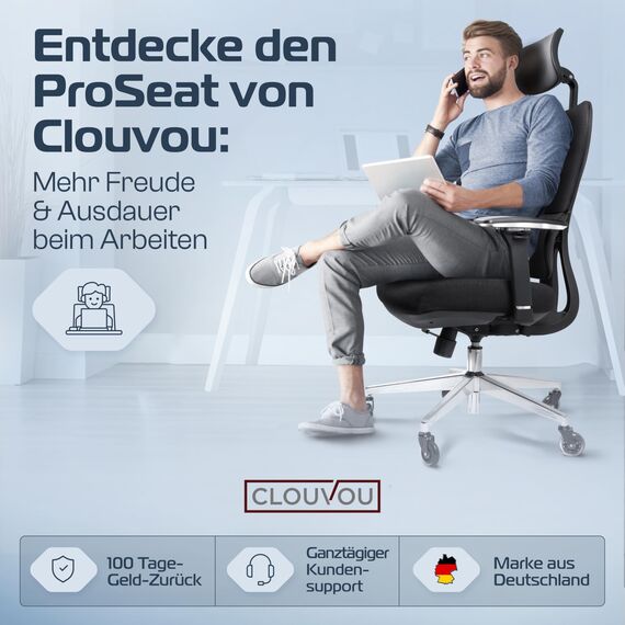 CLOUVOU ProSeat Bürostuhl Ergonomisch [TESTSIEGER] Schreibtischstuhl 100% individuell einstellbar | Büro Stuhl & Gaming Stuhl | Computerstuhl Home Office Chair Ergonomic | Drehstuhl 150 kg