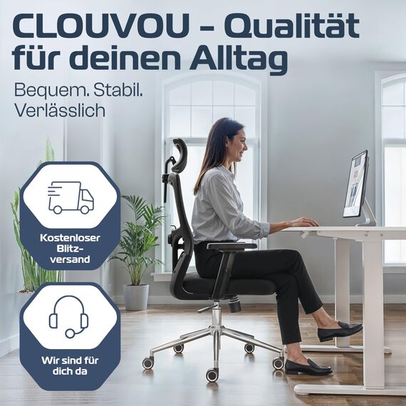 CLOUVOU BrightSeat Bürostuhl Ergonomisch [TESTSIEGER] Schreibtischstuhl 100% individuell einstellbar | Büro Stuhl & Gaming Stuhl | Computerstuhl Home Office Chair Ergonomic | Drehstuhl 150 kg