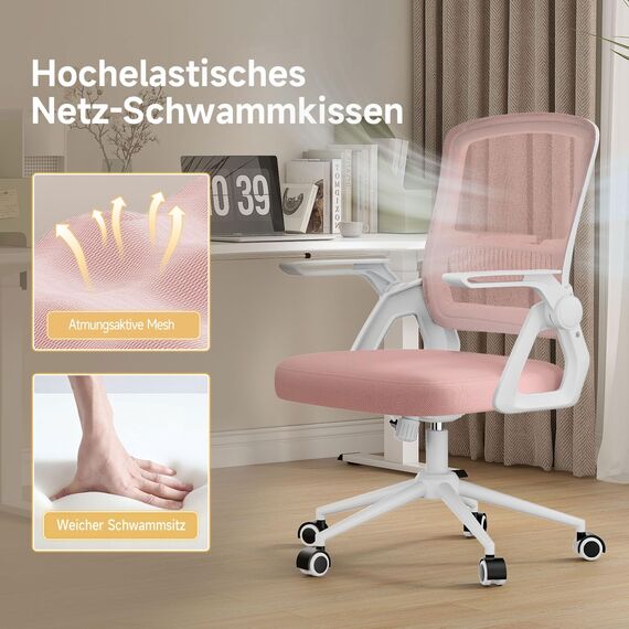 naspaluro Bürostuhl mit Hochklappbare Armlehnen, Schreibtischstuhl Ergonomisch, Drehstuhl mit Netzbespannung, Lordosenstütze, Höhenverstellbarer, Wippfunktion, Gepolstertem Sitzkissen, Rosa