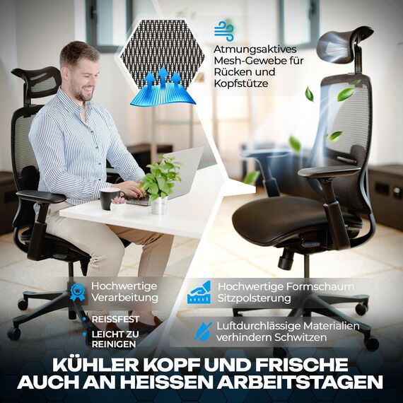 VALKENSTOL M5 Bürostuhl Ergonomisch Testsieger Höhenverstellbare Rückenlehne und Einstellbare Sitztiefe, Schaumstoff-Sitz, Schreibtischstuhl gesunder Rücken auch Grosse Menschen, Chefsessel