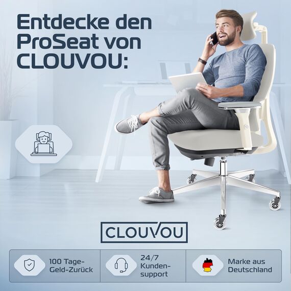 CLOUVOU ProSeat Bürostuhl Ergonomisch [TESTSIEGER] Schreibtischstuhl 100% individuell einstellbar | Büro Stuhl & Gaming Stuhl | Computerstuhl Home Office Chair Ergonomic | Drehstuhl 150 kg