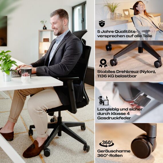 VALKENSTOL M2 Bürostuhl Ergonomisch Testsieger – Höhenverstellbarer Schreibtischstuhl bequem mit Lendenwirbelstütze, Atmungsaktiver Netzrücken, 360° Drehstuhl, Bürostühle Büro und Home Office Chair