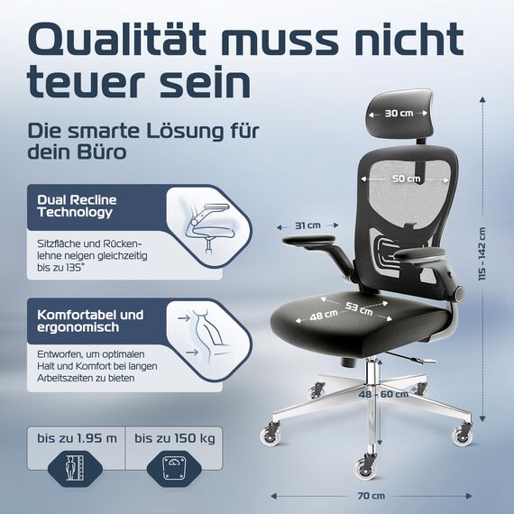 CLOUVOU SmartSeat Bürostuhl Ergonomisch [TESTSIEGER] Schreibtischstuhl 100% individuell einstellbar | Büro Stuhl & Gaming Stuhl | Computerstuhl Home Office Chair Ergonomic | Drehstuhl 150 kg
