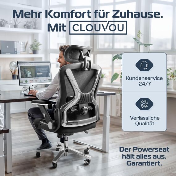 CLOUVOU PowerSeat Bürostuhl Ergonomisch [TESTSIEGER] Schreibtischstuhl 100% individuell einstellbar | Büro Stuhl & Gaming Stuhl | Computerstuhl Home Office Chair Ergonomic | Drehstuhl 200 kg