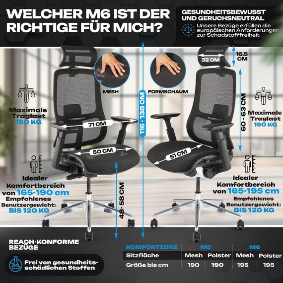 VALKENSTOL M6 Bürostuhl Ergonomisch Testsieger, auch bis 1,95m, Schreibtischstuhl mit Mesh-Sitz, Office Chair mit adaptiver Lordosenstütze und Verstellbarer Rückenlehne für Gesundes Sitzen, Chefsessel