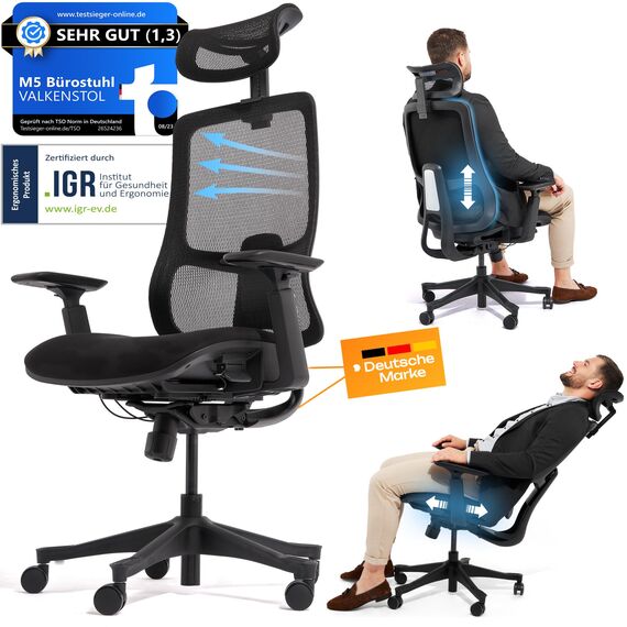 VALKENSTOL M5 Bürostuhl Ergonomisch Testsieger Höhenverstellbare Rückenlehne und Einstellbare Sitztiefe, Schaumstoff-Sitz, Schreibtischstuhl gesunder Rücken auch Grosse Menschen, Chefsessel