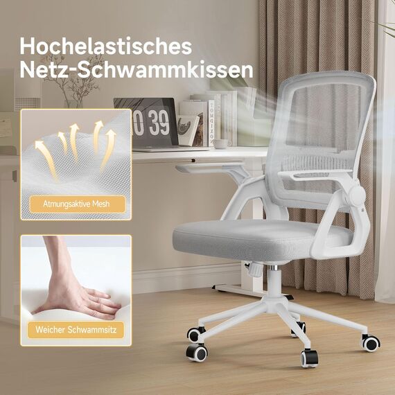 naspaluro Bürostuhl mit Hochklappbare Armlehnen, Schreibtischstuhl Ergonomisch, Drehstuhl mit Netzbespannung, Lordosenstütze, Höhenverstellbarer, Wippfunktion, Gepolstertem Sitzkissen, Grau