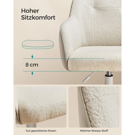 SONGMICS Homeoffice Stuhl, Drehstuhl, Schreibtischstuhl, höhenverstellbar, bis 110 kg belastbar, atmungsaktiver Sherpa-Stoff und PU, für Arbeitszimmer, Schlafzimmer, cappuccinobeige OBG019W01