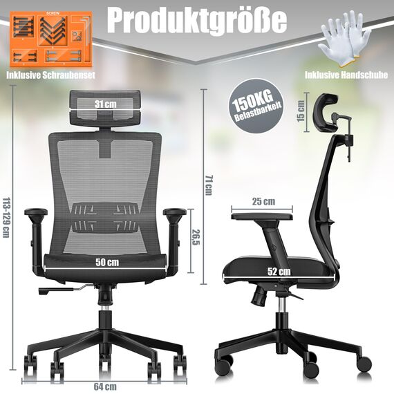 KESSER® Bürostuhl Ergonomisch mit verstellbaren Armlehnen | Drehstuhl mit Lendenwirbelstütze Rückenschonend | Schreibtischstuhl mit Kopfstütze | Office Chair Wippfunktion bis 125° mit 5X Gummirollen
