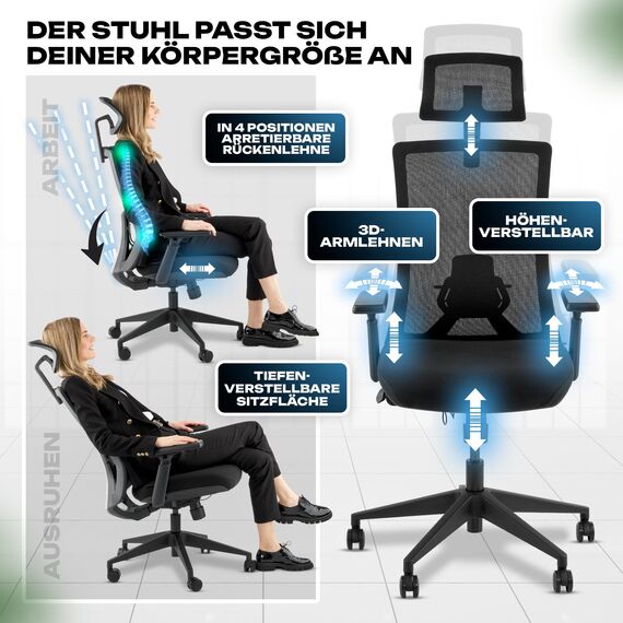 VALKENSTOL M3 Pro Bürostuhl Ergonomisch Testsieger 3D verstellbare Armlehnen, Schreibtischstuhl mit Lendenwirbelstütze Rückenschonend, Office Chair Bürostühle Verstellbare Sitztiefe gesundes Sitzen