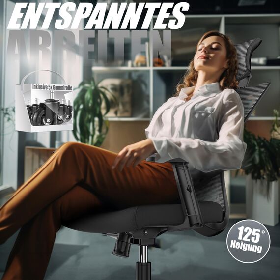 KESSER® Bürostuhl Ergonomisch mit verstellbaren Armlehnen | Drehstuhl mit Lendenwirbelstütze Rückenschonend | Schreibtischstuhl mit Kopfstütze | Office Chair Wippfunktion bis 125° mit 5X Gummirollen