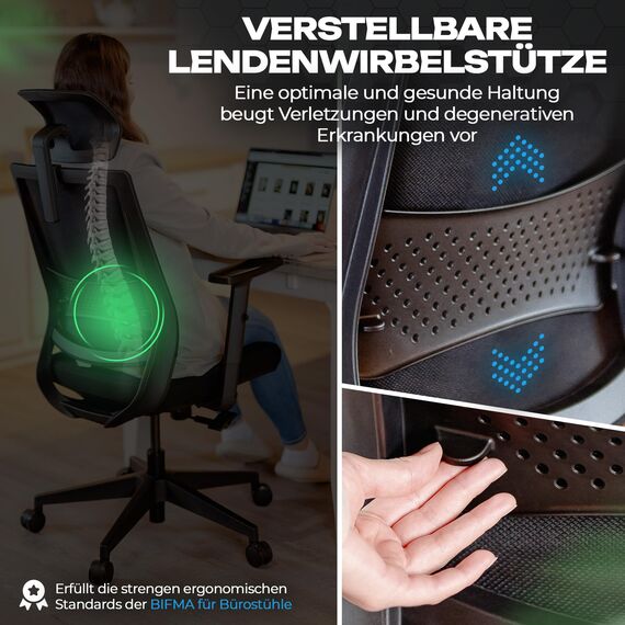 VALKENSTOL M2 Bürostuhl Ergonomisch Testsieger – Höhenverstellbarer Schreibtischstuhl bequem mit Lendenwirbelstütze, Atmungsaktiver Netzrücken, 360° Drehstuhl, Bürostühle Büro und Home Office Chair