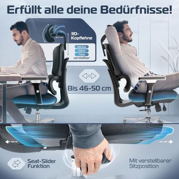 CLOUVOU ProSeat Bürostuhl Ergonomisch [TESTSIEGER] Schreibtischstuhl 100% individuell einstellbar | Büro Stuhl & Gaming Stuhl | Computerstuhl Home Office Chair Ergonomic | Drehstuhl 150 kg