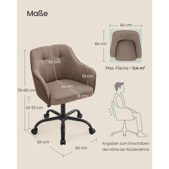 SONGMICS Homeoffice Stuhl, Drehstuhl, Schreibtischstuhl, höhenverstellbar, bis 110 kg belastbar, atmungsaktiver Stoff, für Arbeitszimmer, Schlafzimmer, braun OBG019K01
