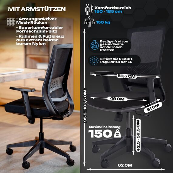 VALKENSTOL M2 Bürostuhl Ergonomisch Testsieger mit Einstellbarer Armlehne ohne Kopfstütze für maximale Bewegungsfreiheit, Rückenfreundliche Bürostühle, Schreibtischstuhl für Büro und Home Office Chair