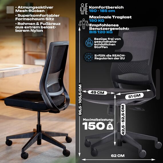 VALKENSTOL M2 Bürostuhl Ergonomisch ohne Armlehne und ohne Kopfstütze für maximale Bewegungsfreiheit, Rückenfreundliche Bürostühle, bequemer Schreibtischstuhl für Büro und Home Office Chair