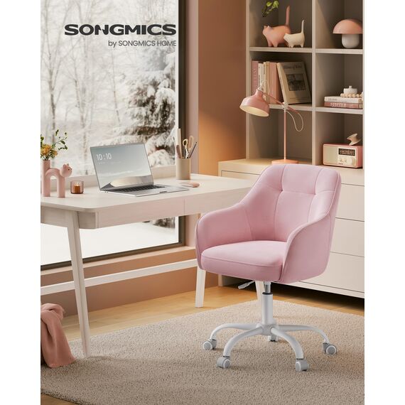 SONGMICS Homeoffice Stuhl, Drehstuhl, Schreibtischstuhl, höhenverstellbar, bis 110 kg belastbar, Samt, für Arbeitszimmer, Schlafzimmer, pastellrosa OBG019P02