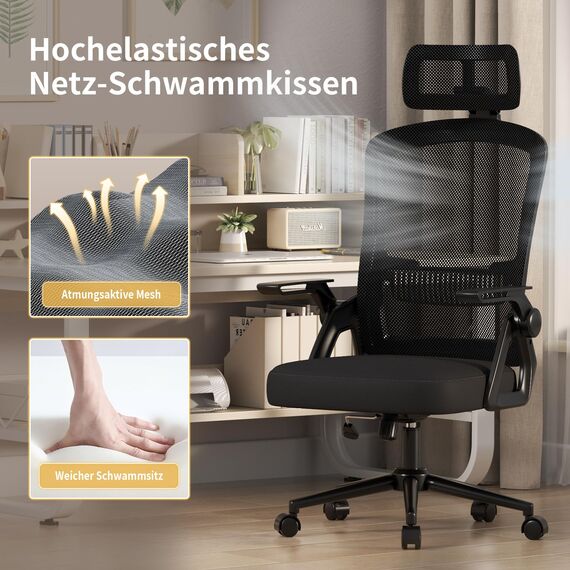 naspaluro Bürostuhl Ergonomisch mit Verstellbarer Armlehnen, Schreibtischstuhl mit Kopfstütze, Atmungsaktiver Netzbespannung, Lordosenstütze, Höhenverstellung Computerstuhl, 360° Drehstuhl, Schwarz