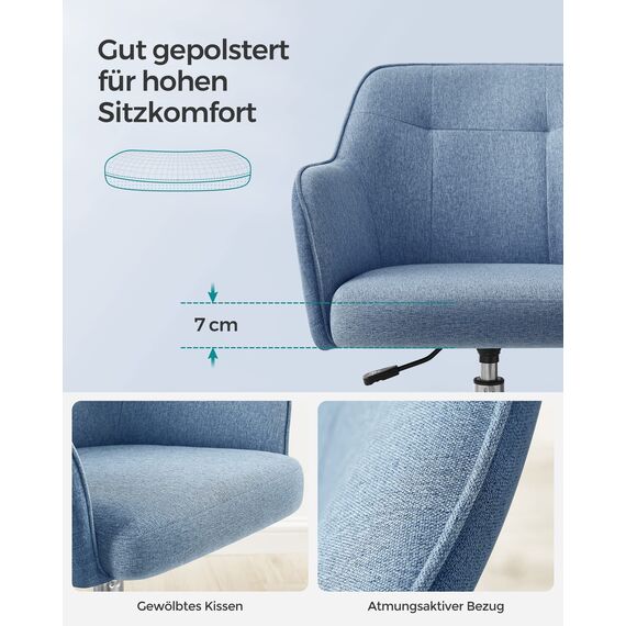 SONGMICS Homeoffice Stuhl, Drehstuhl, Schreibtischstuhl, höhenverstellbar, bis 110 kg belastbar, atmungsaktiver Stoff, für Arbeitszimmer, Schlafzimmer, blau OBG019Q01