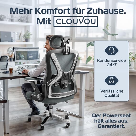 CLOUVOU PowerSeat Bürostuhl Ergonomisch [TESTSIEGER] Schreibtischstuhl 100% individuell einstellbar | Büro Stuhl & Gaming Stuhl | Computerstuhl Home Office Chair Ergonomic | Drehstuhl 200 kg