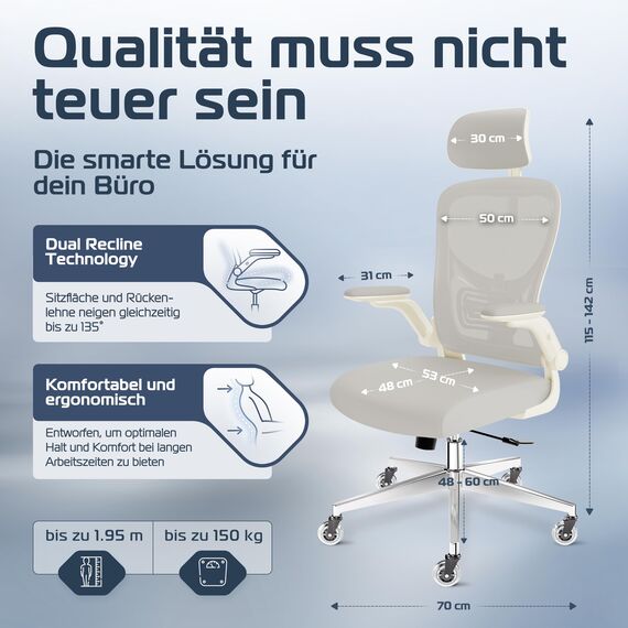 CLOUVOU SmartSeat Bürostuhl Ergonomisch [TESTSIEGER] Schreibtischstuhl 100% individuell einstellbar | Büro Stuhl & Gaming Stuhl | Computerstuhl Home Office Chair Ergonomic | Drehstuhl 150 kg