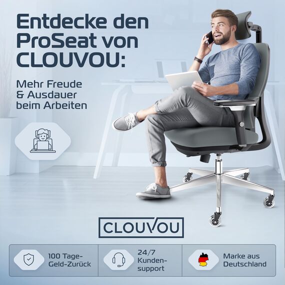 CLOUVOU ProSeat Bürostuhl Ergonomisch [TESTSIEGER] Schreibtischstuhl 100% individuell einstellbar | Büro Stuhl & Gaming Stuhl | Computerstuhl Home Office Chair Ergonomic | Drehstuhl 150 kg