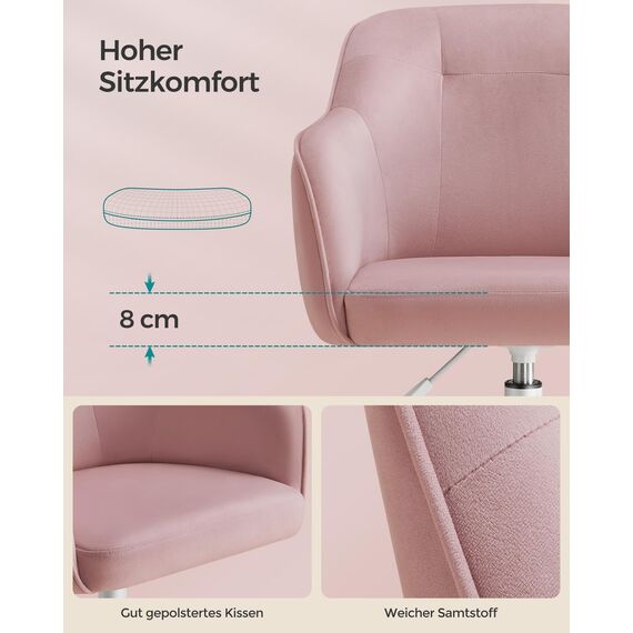 SONGMICS Homeoffice Stuhl, Drehstuhl, Schreibtischstuhl, höhenverstellbar, bis 110 kg belastbar, Samt, für Arbeitszimmer, Schlafzimmer, pastellrosa OBG019P02