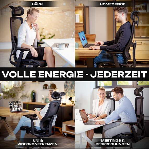 VALKENSTOL M6 Bürostuhl Ergonomisch Testsieger, auch bis 1,95m, Schreibtischstuhl mit Mesh-Sitz, Office Chair mit adaptiver Lordosenstütze und Verstellbarer Rückenlehne für Gesundes Sitzen, Chefsessel