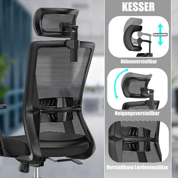 KESSER® Bürostuhl Ergonomisch mit verstellbaren Armlehnen | Drehstuhl mit Lendenwirbelstütze Rückenschonend | Schreibtischstuhl mit Kopfstütze | Office Chair Wippfunktion bis 125° mit 5X Gummirollen