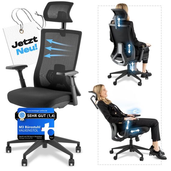 VALKENSTOL M3 Pro Bürostuhl Ergonomisch Testsieger 3D verstellbare Armlehnen, Schreibtischstuhl mit Lendenwirbelstütze Rückenschonend, Office Chair Bürostühle Verstellbare Sitztiefe gesundes Sitzen