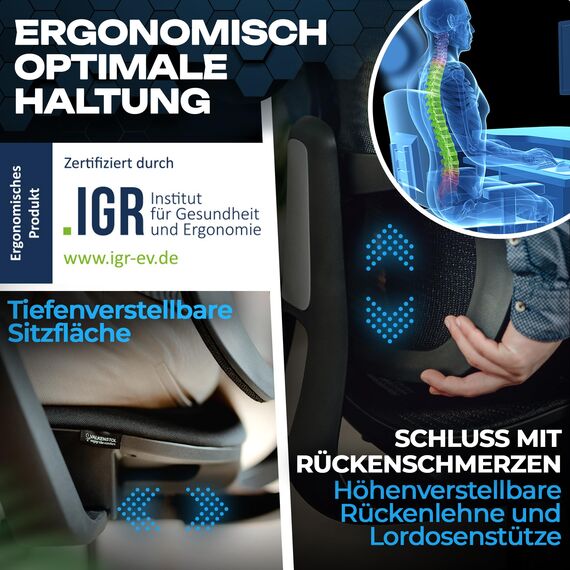 VALKENSTOL M5 Bürostuhl Ergonomisch Testsieger Höhenverstellbare Rückenlehne und Einstellbare Sitztiefe, Schaumstoff-Sitz, Schreibtischstuhl gesunder Rücken auch Grosse Menschen, Chefsessel