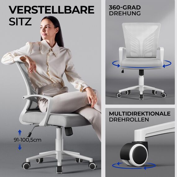 Yaheetech Bürostuhl Ergonomisch Schreibtischstuhl mit Schaukelfunktion Drehstuhl mit Gepolstertem Sitzkissen Chefsessel Höhenverstellbar fürs Arbeitszimmer/Büro, Hellgrau/2pcs
