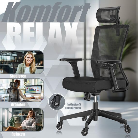 KESSER® Bürostuhl Ergonomisch mit verstellbaren Armlehnen | Drehstuhl mit Lendenwirbelstütze Rückenschonend | Schreibtischstuhl mit Kopfstütze | Office Chair Wippfunktion bis 125° mit 5X Gummirollen