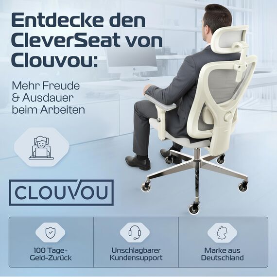 CLOUVOU CleverSeat Bürostuhl Ergonomisch [TESTSIEGER] Schreibtischstuhl 100% individuell einstellbar | Büro Stuhl & Gaming Stuhl | Computerstuhl Home Office Chair Ergonomic | Drehstuhl 150 kg