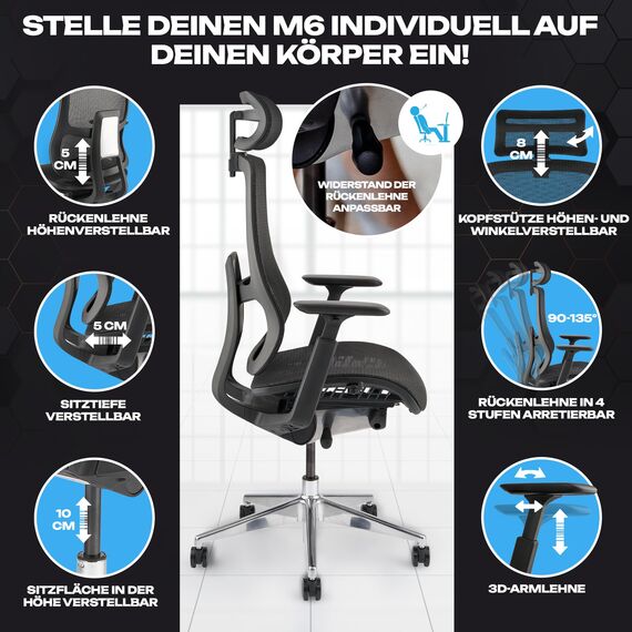VALKENSTOL M6 Bürostuhl Ergonomisch Testsieger, auch bis 1,95m, Schreibtischstuhl mit Mesh-Sitz, Office Chair mit adaptiver Lordosenstütze und Verstellbarer Rückenlehne für Gesundes Sitzen, Chefsessel