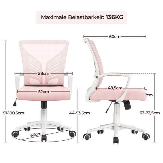 Yaheetech Bürostuhl Ergonomisch Schreibtischstuhl mit Schaukelfunktion Drehstuhl mit Gepolstertem Sitzkissen Chefsessel Höhenverstellbar fürs Arbeitszimmer/Büro, Hellrosa