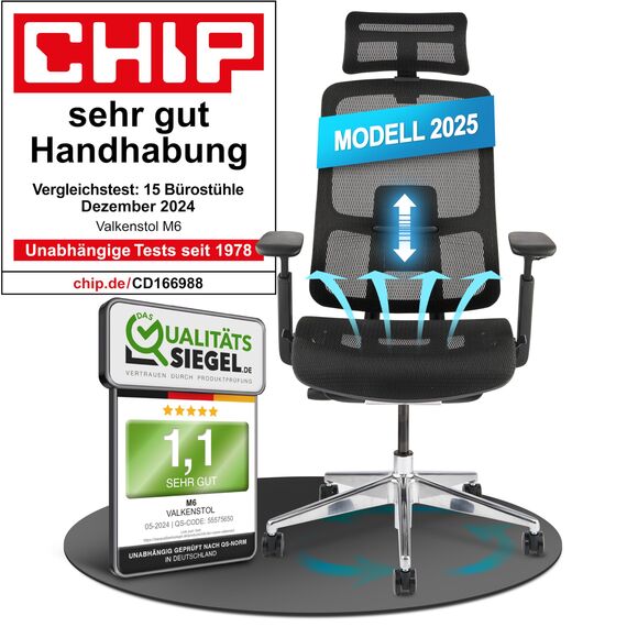 VALKENSTOL M6 Bürostuhl Ergonomisch Testsieger, auch bis 1,95m, Schreibtischstuhl mit Mesh-Sitz, Office Chair mit adaptiver Lordosenstütze und Verstellbarer Rückenlehne für Gesundes Sitzen, Chefsessel