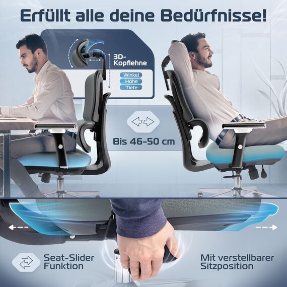 CLOUVOU ProSeat Bürostuhl Ergonomisch [TESTSIEGER] Schreibtischstuhl 100% individuell einstellbar | Büro Stuhl & Gaming Stuhl | Computerstuhl Home Office Chair Ergonomic | Drehstuhl 150 kg