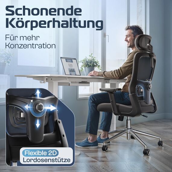CLOUVOU BrightSeat Bürostuhl Ergonomisch [TESTSIEGER] Schreibtischstuhl 100% individuell einstellbar | Büro Stuhl & Gaming Stuhl | Computerstuhl Home Office Chair Ergonomic | Drehstuhl 150 kg