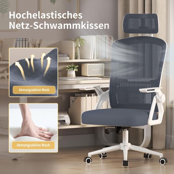 naspaluro Bürostuhl Ergonomisch mit Verstellbarer Armlehnen, Schreibtischstuhl mit Kopfstütze, Atmungsaktiver Netzbespannung, Lordosenstütze, Höhenverstellung Computerstuhl, 360° Drehstuhl, Hellgrau
